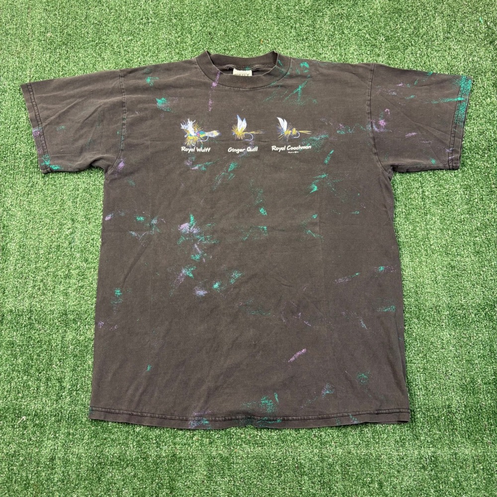 Vintage 90s Tultex Fly Fishing T-shirt Splatter Graphic Faded Black XL